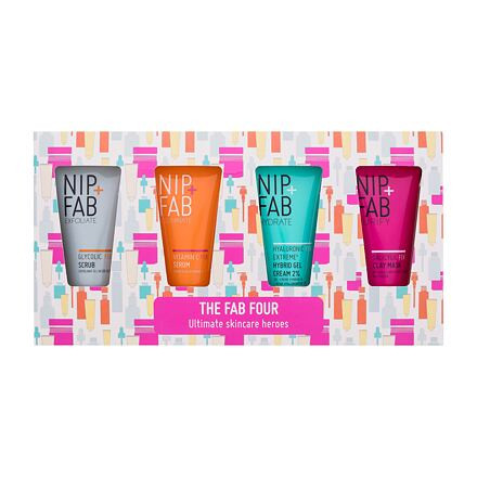 NIP+FAB The Fab Four Ultimate Skincare Heroes : pleťový peeling Exfoliate Glycolic Fix Scrub 20 ml + pleťové sérum Illuminate Vitamin C Fix Serum 20 ml + pleťový gel-krém Hydrate Hyaluronic Fix Extreme Hybrid Gel Cream 2% 20 ml + pleťová maska P