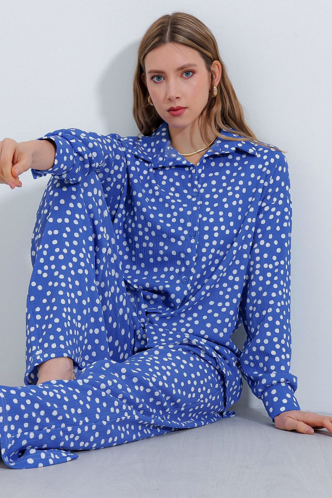 Bigdart Women's Polka Dot Indigo Ecru Knitted Double Suit 5858