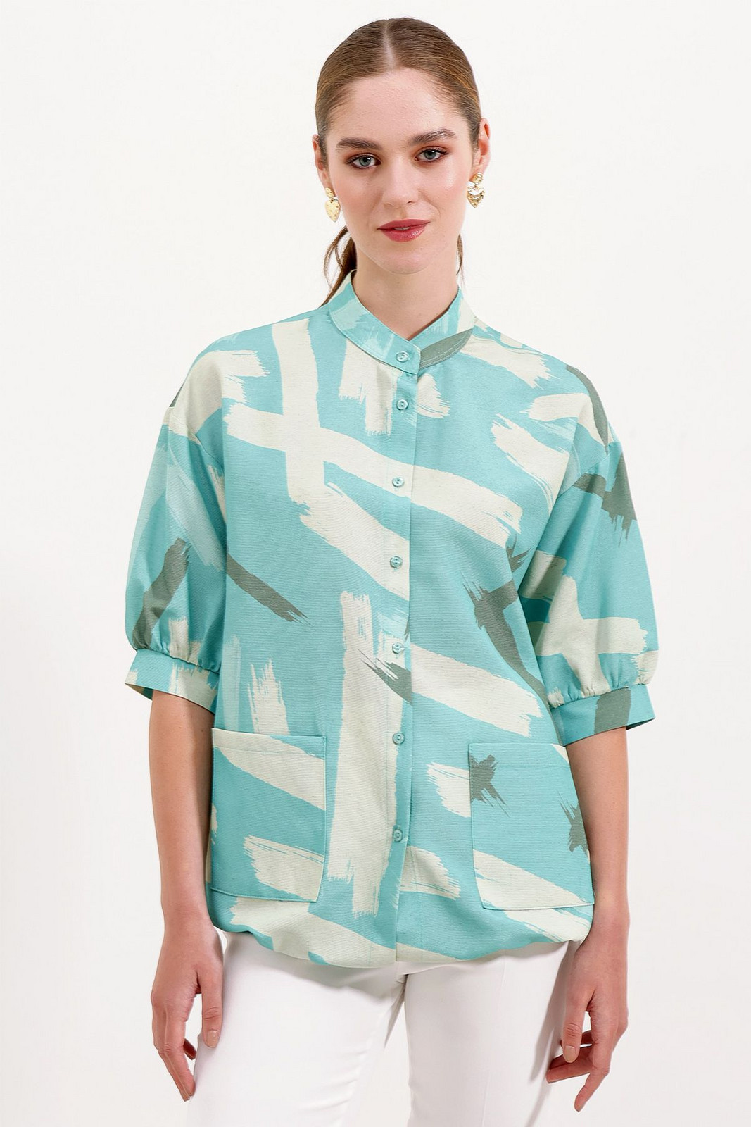 Bigdart 20226 Patterned Oversize Shirt - Mint