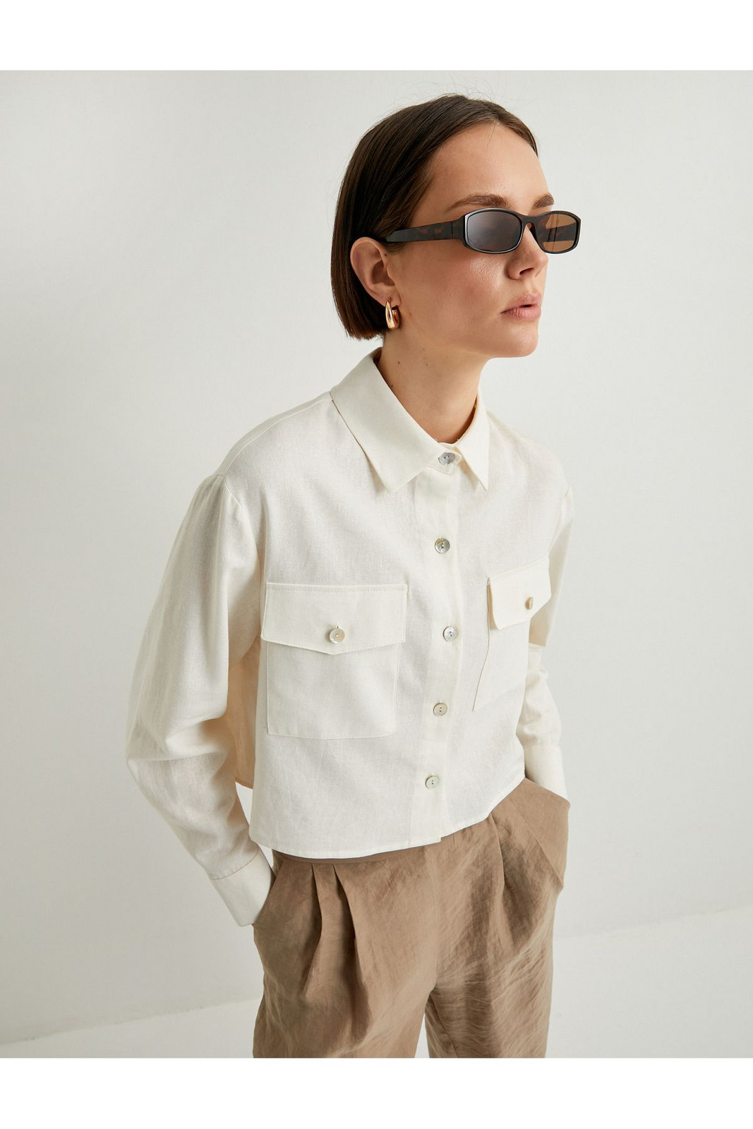 Koton Crop Shirt Linen Blend Long Sleeve Pocket Buttoned