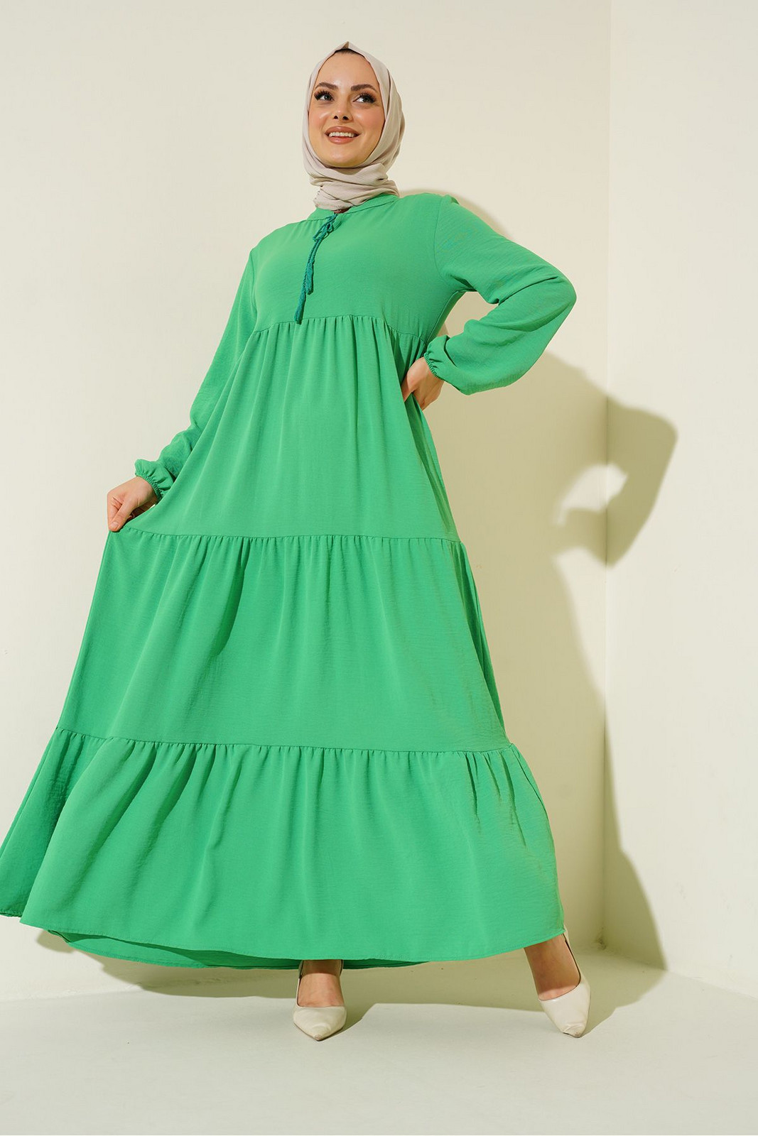 Bigdart 1627 Collar Lace-Up Hijab Dress - Dark Green