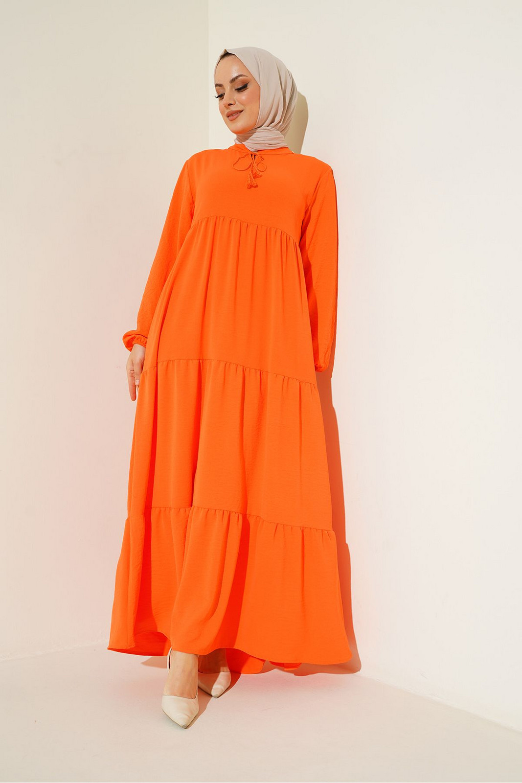 Bigdart 1627 Collar Lace-up Hijab Dress - Orange