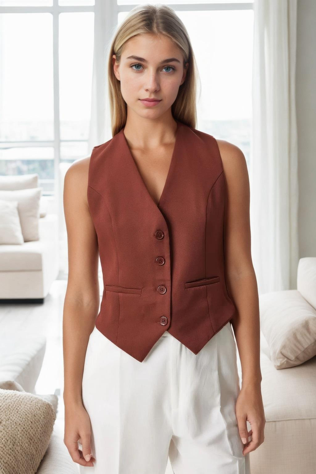 10202 Dewberry Crop Woven Women Vest-COFFEE