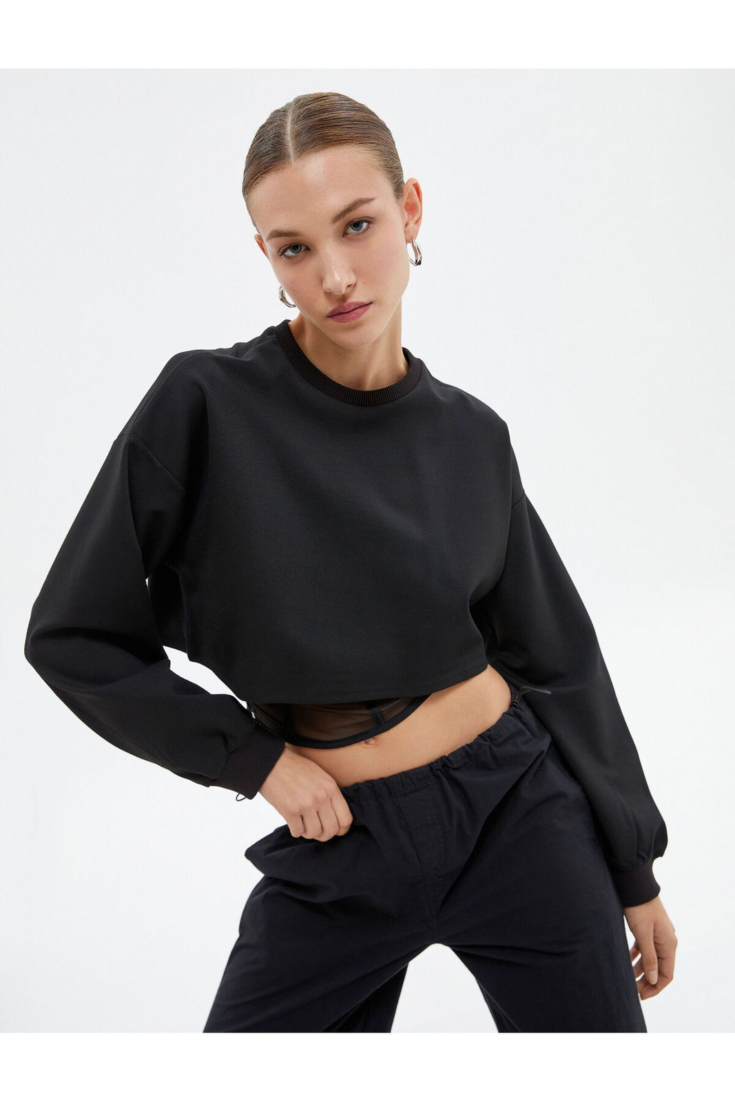 Koton Crop Sweatshirt Tulle Corset Detailed Crew Neck