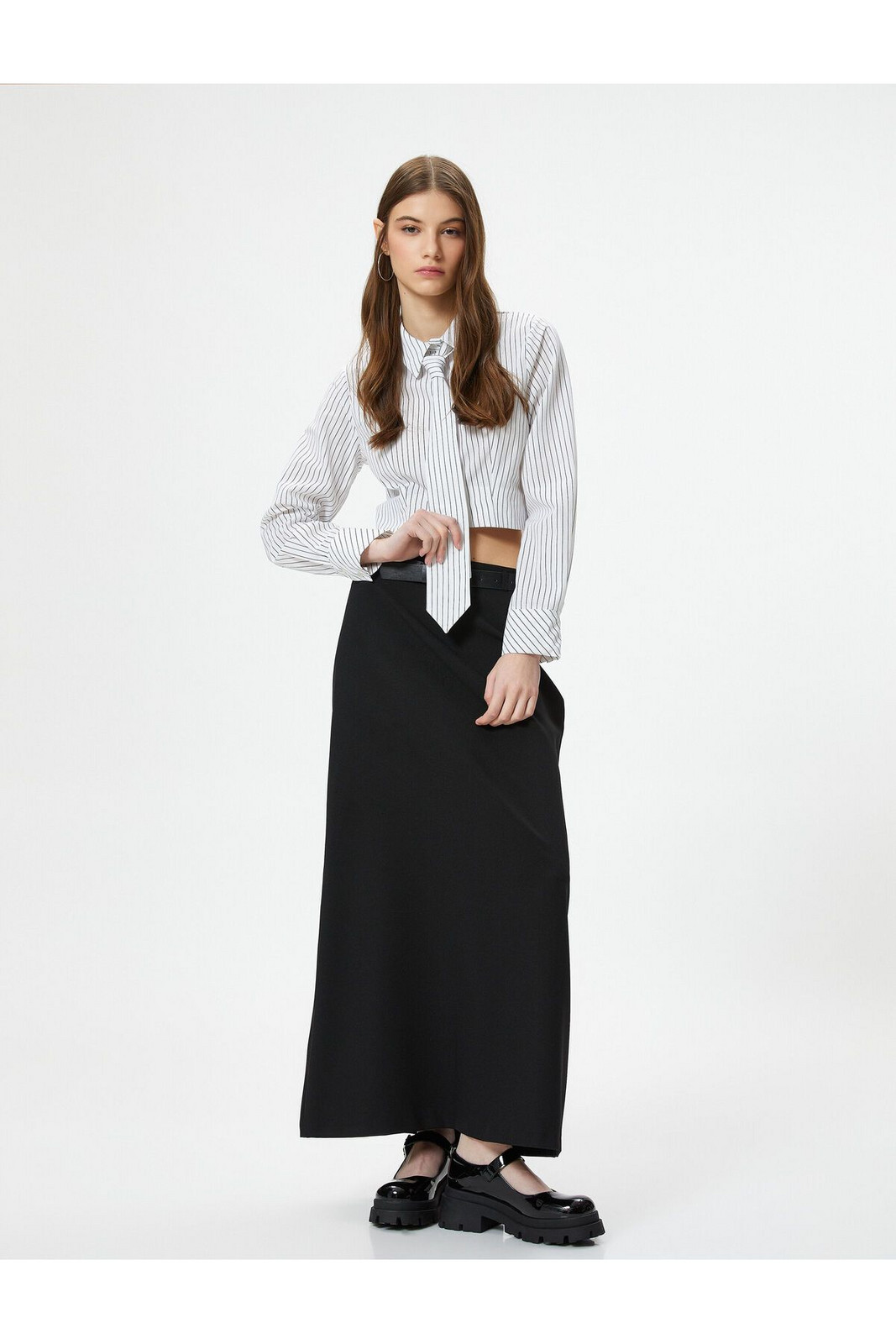 Koton Crop Shirt Long Sleeve Tie Detailed Classic Collar Cotton Blended