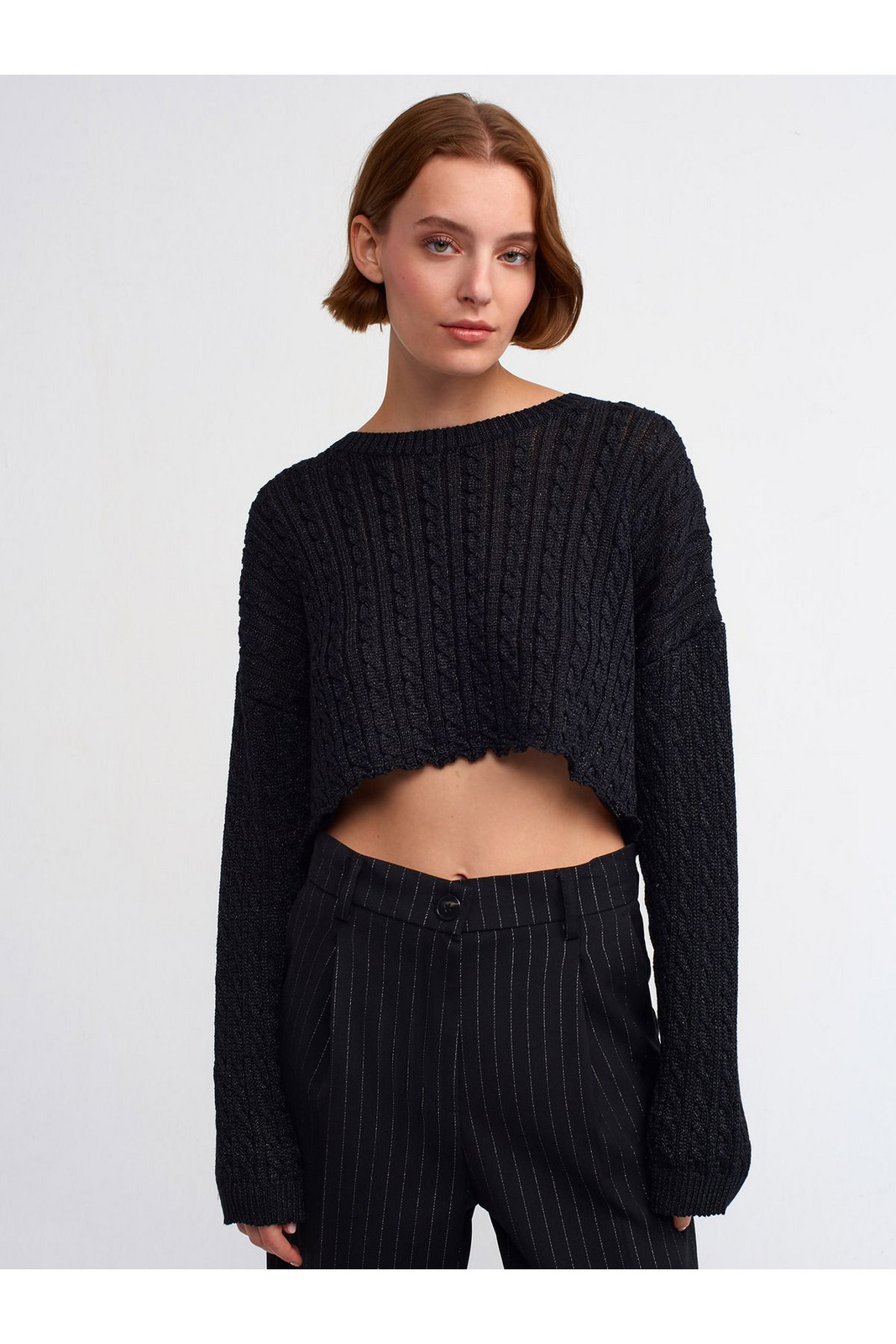 Dilvin 10440 Crew Neck Hair Braided Silvery Crop Knitwear-black