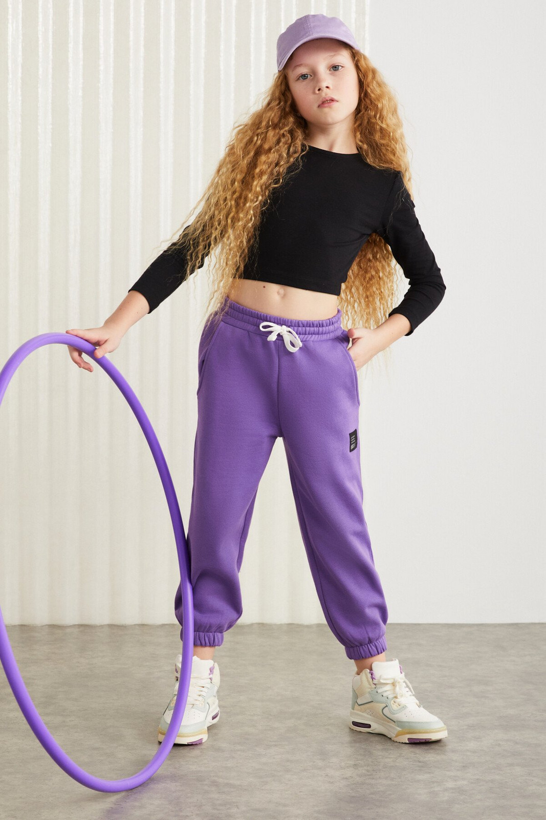 GRIMELANGE INGRID-GRM24033 75% cotton 25% polyester ornament labeled raising yarn girls jogger Purple Tracksuit