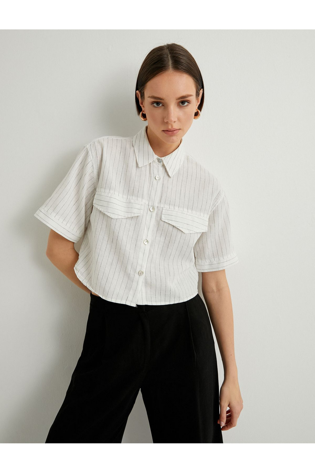 Koton Crop Shirt Short Sleeve Pocket Detailed Buttoned Linen Blend