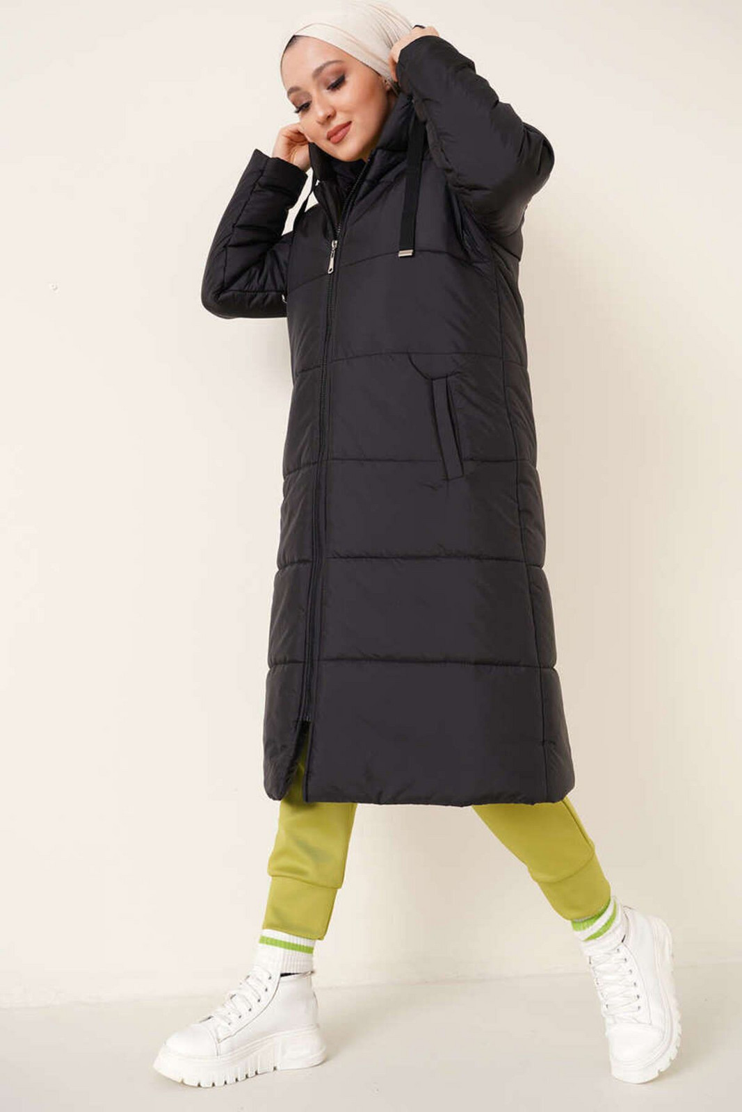 Bigdart T5120 Hooded Long Puffer Hijab Coat - Black