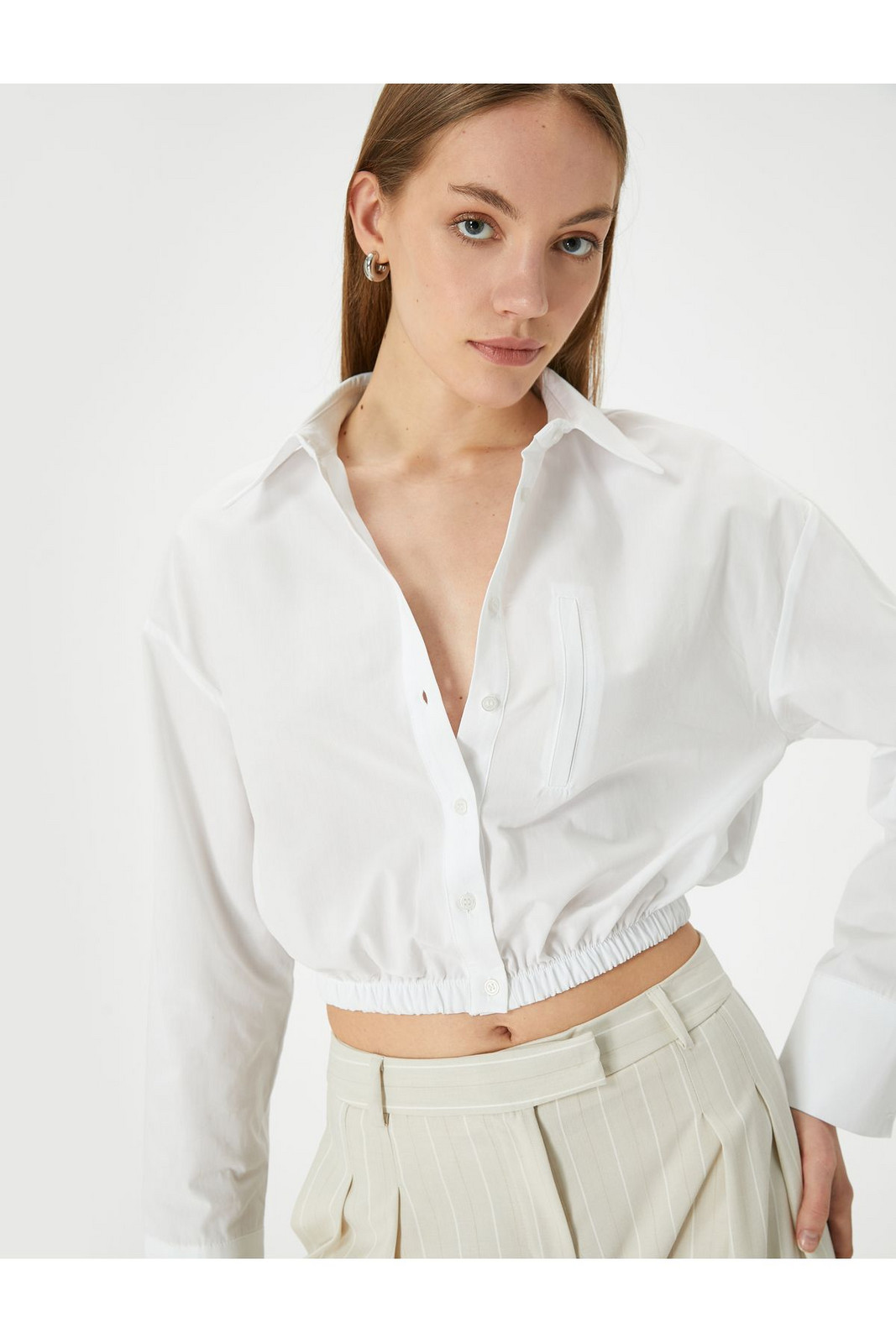 Koton Crop Shirt with Elastic Waist Buttons Cotton Standard Cut