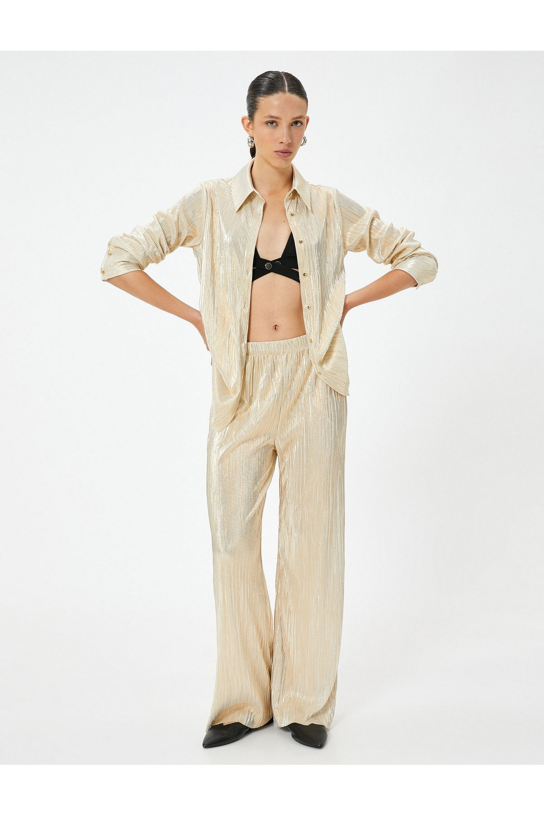 Koton Shiny Foil Printed Shirt Long Sleeve Pleated