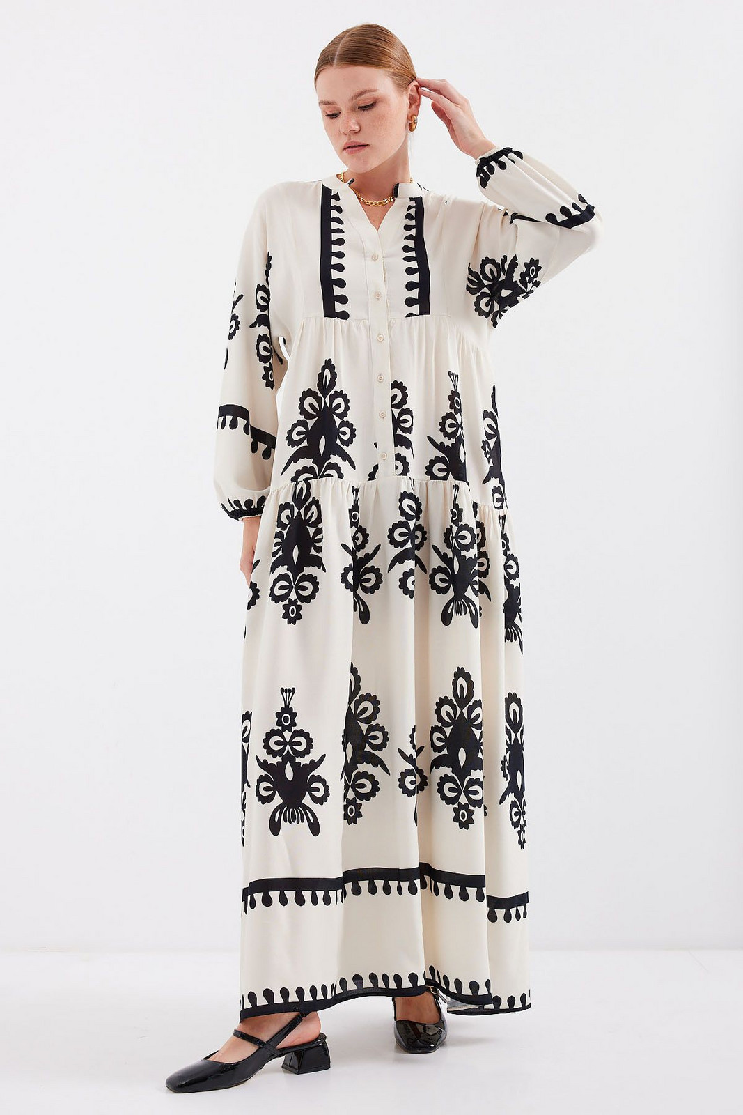 Bigdart 2423 Authentic Patterned Dress - M. Cream