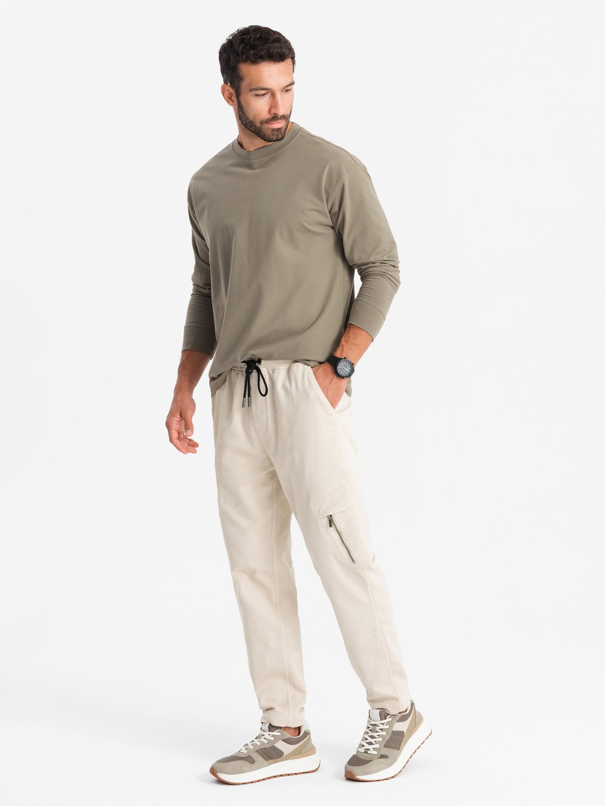 Ombre Men's knitted joggers with cargo pockets - cream