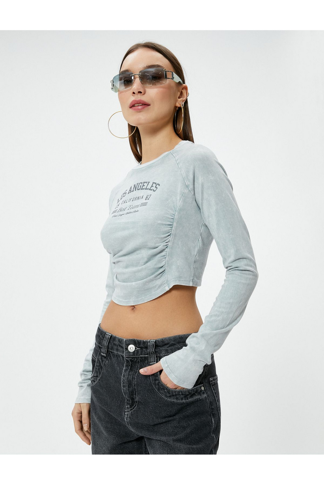 Koton Crop Long Sleeve T-Shirt College Printed Draped Detail Cotton