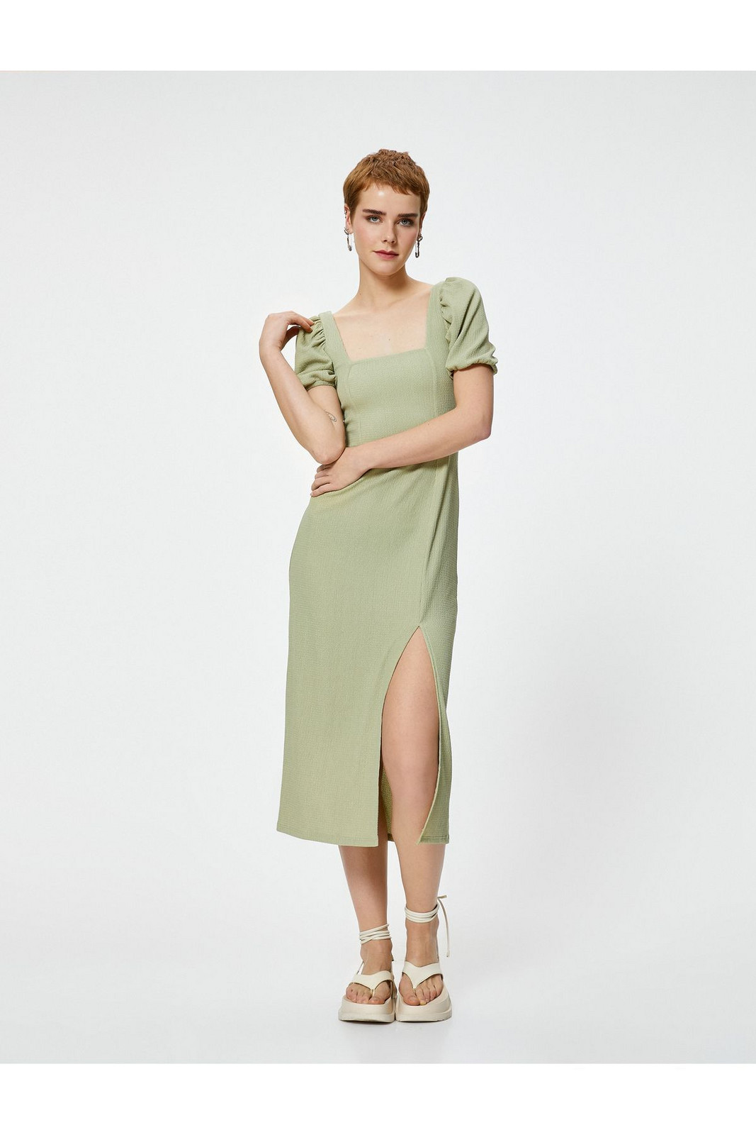 Koton Balloon Sleeve Dress Midi Slit Detail Short Sleeve Slim Fit