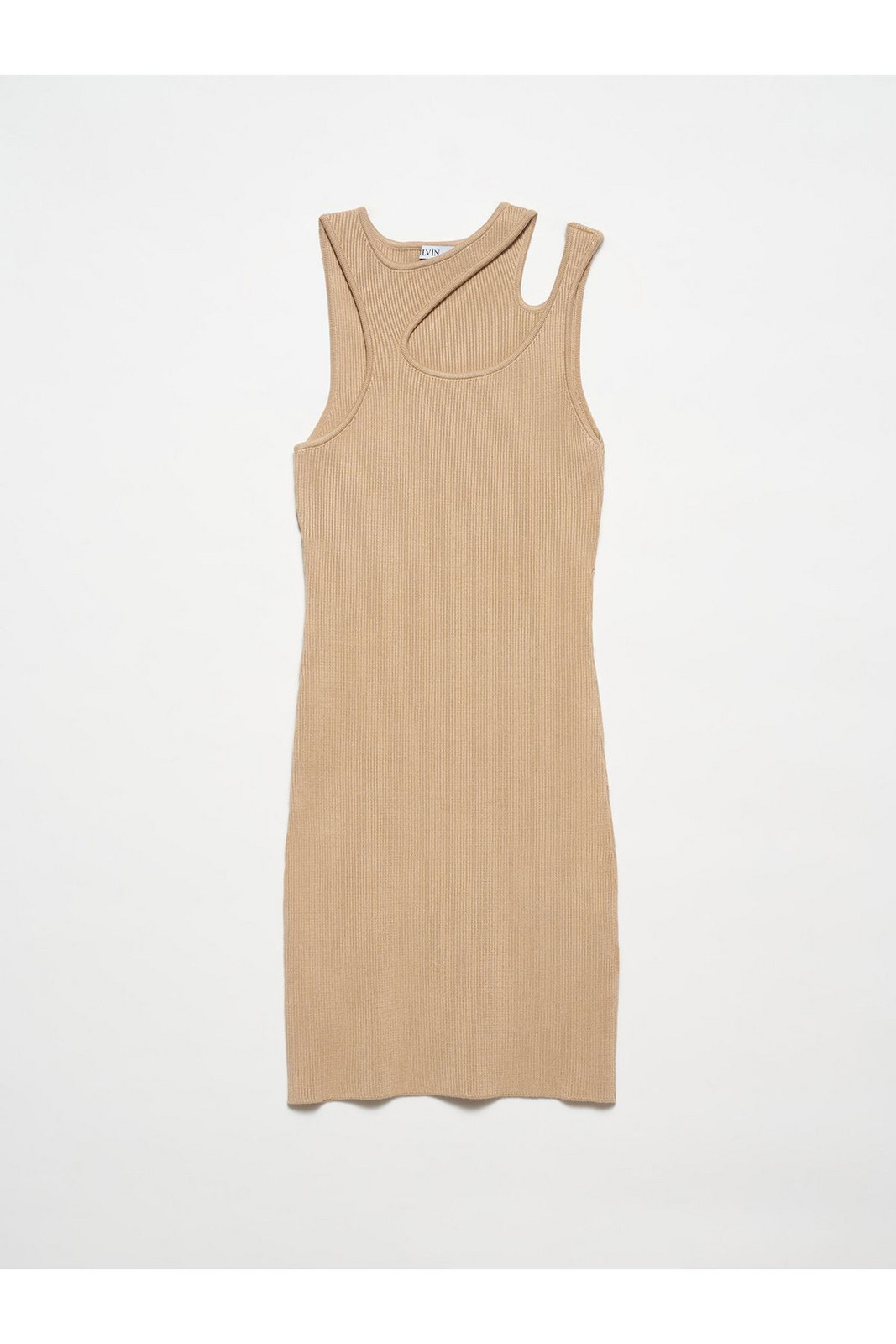 Dilvin 90142 Crew Neck Decollete Left Shoulder Knitwear Dress-Beige