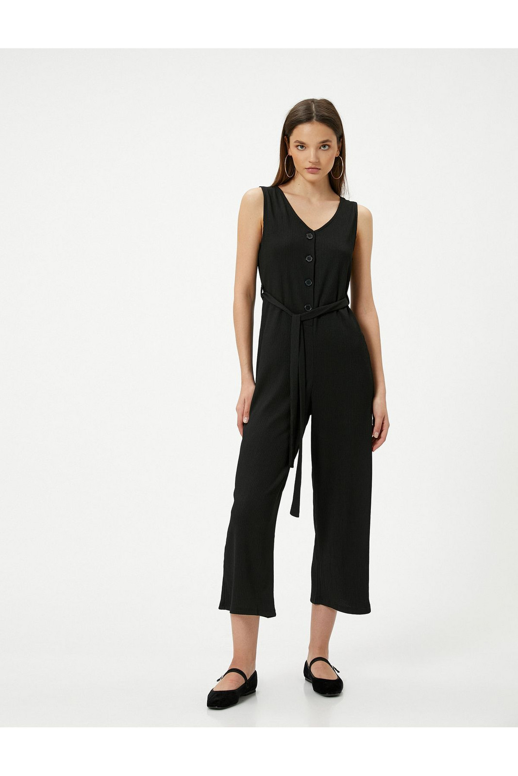 Koton Jumpsuit V-Neck Buttoned Wide Leg Sleeveless Belt Detailed