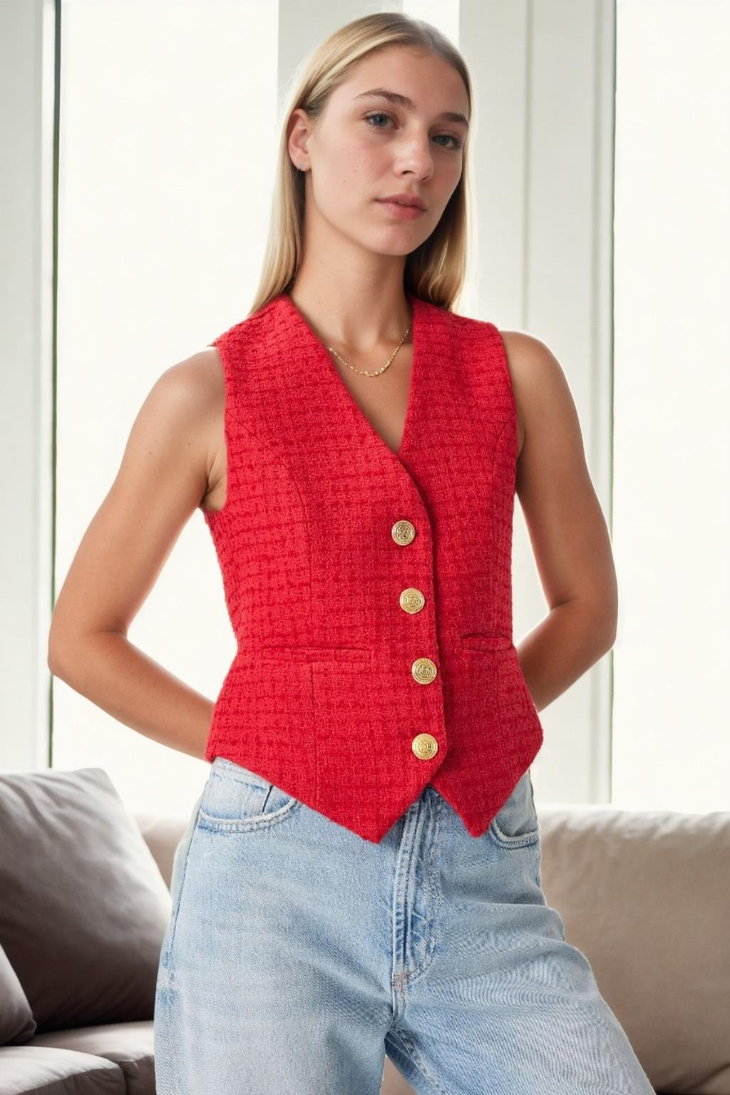 32534 Dewberry Metal Button Detailed Tweed Women Vest-RED