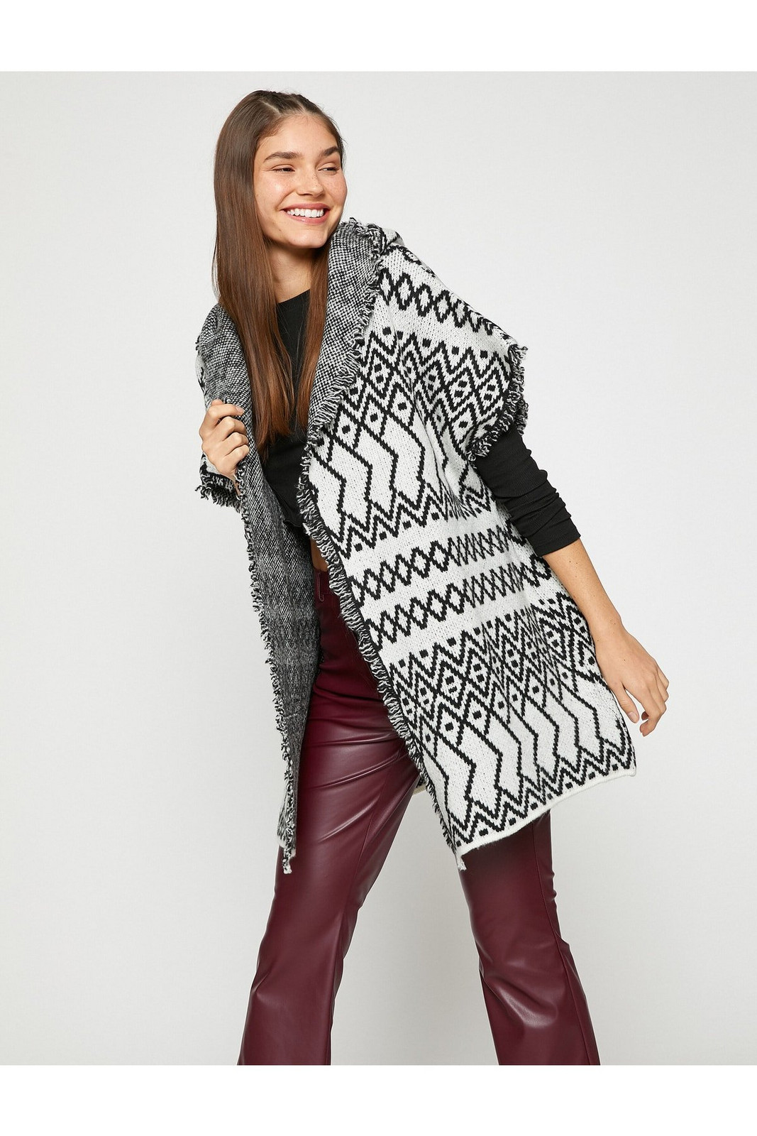 Koton Knit Poncho Ethnic Patterned Hood Detail