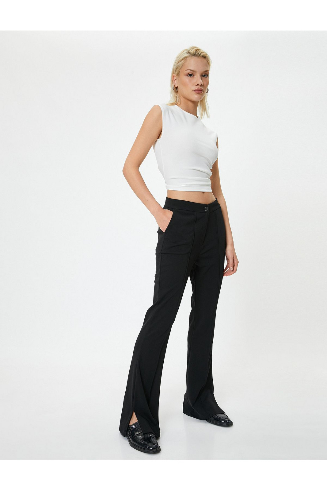 Koton Flare Leg Trousers Ribbed Legs with Slit Detail