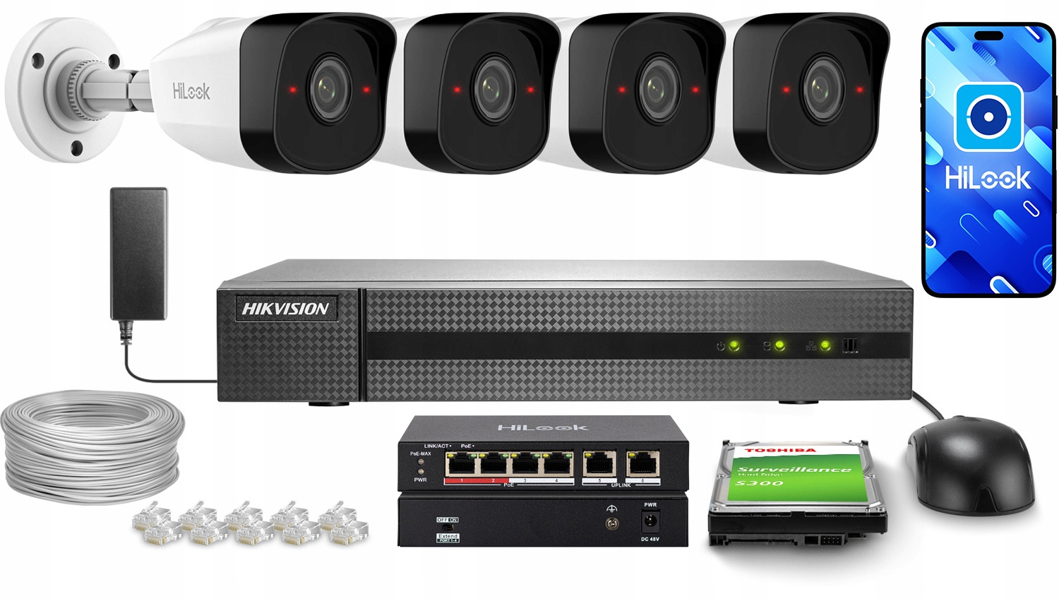 Monitorovací sada HiLook by Hikvision NVR-4CH-5MP 4x IPCAM-B5, 1TB 20m Utp