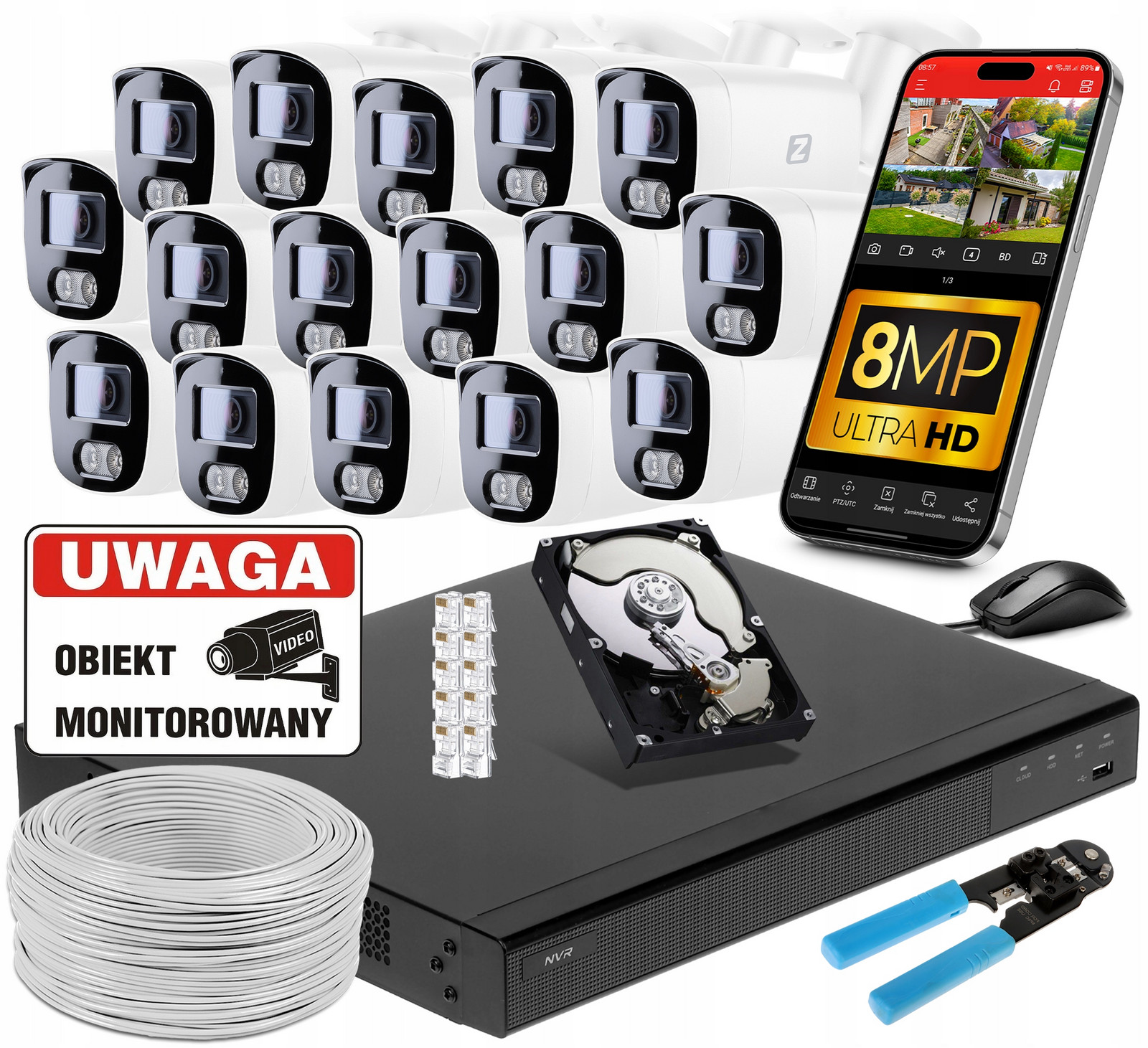 Monitorovací set 16 Poe kamer 4K Uhd 8Mpx Aplikace, Audio Disk 1TB