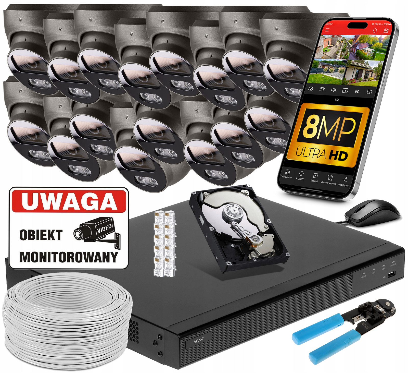 Monitorovací sada 16 Poe kamer 4K Uhd 8Mpx Aplikace, Audio 1TB Disk