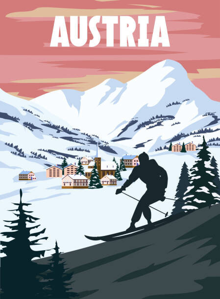 VectorUp Ilustrace Austria Ski resort poster, retro. Alpes, VectorUp, 30 × 40 cm