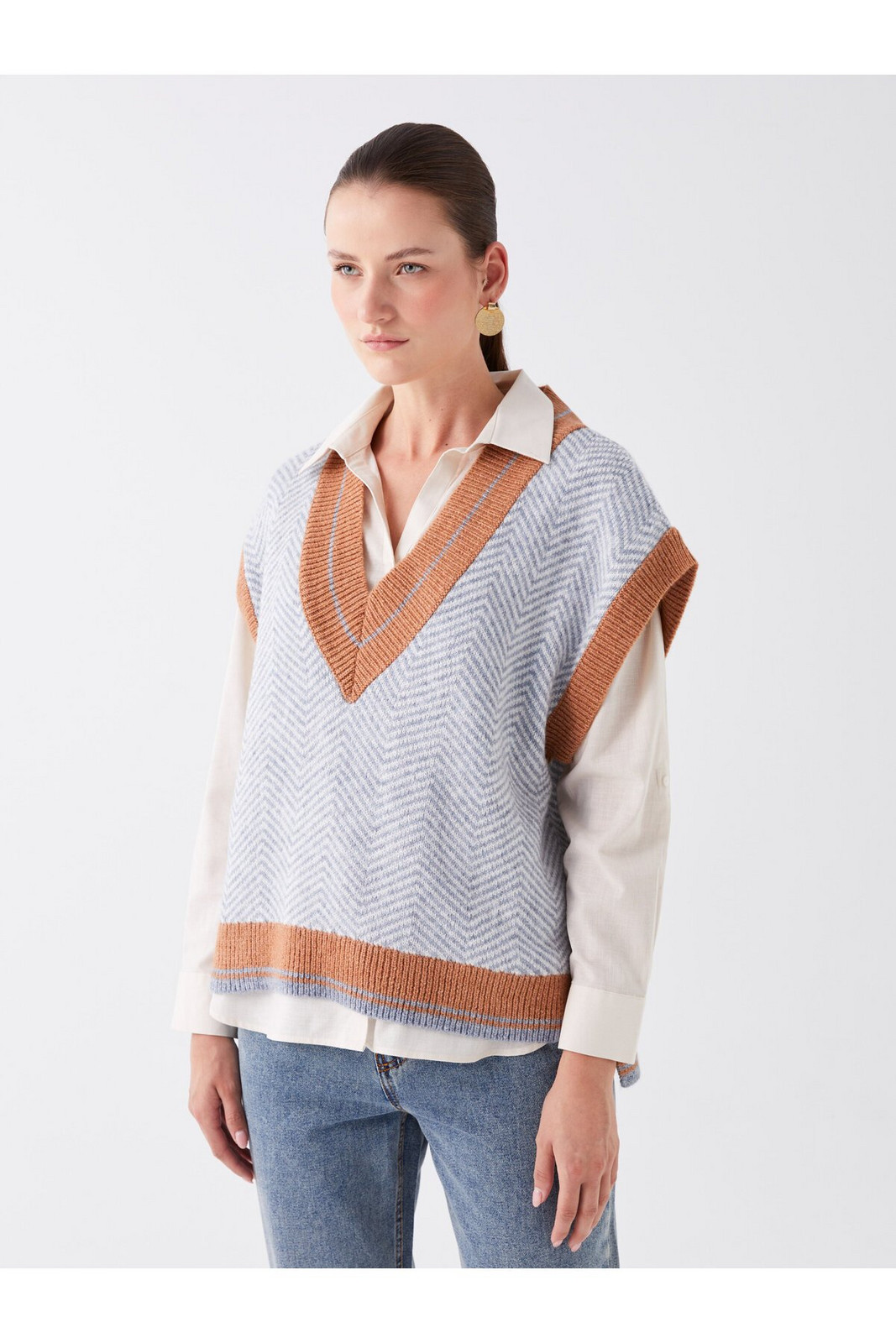 LC Waikiki Dámský oversize pletený svetr se vzorem V-Neck