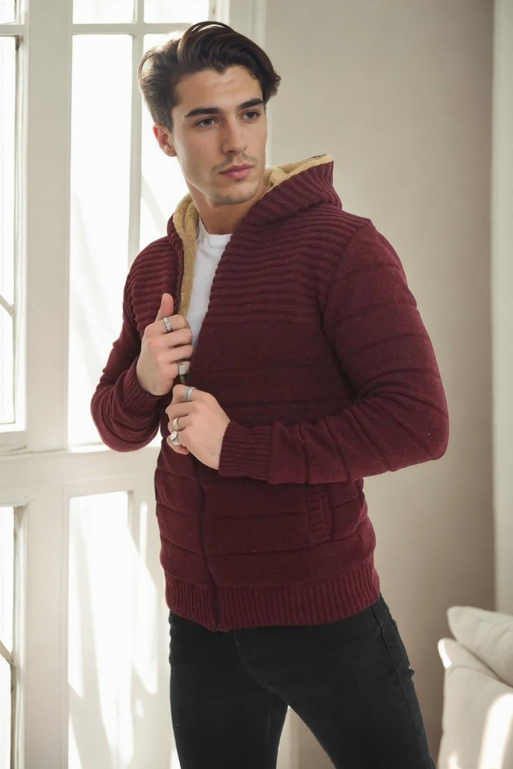 14455 Dewberry Furry Hooded Mens Sports Slim Fit Cardigan-BURGUNDY