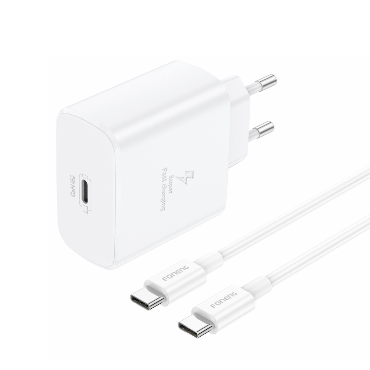 Rychlonabíječka Foneng EU62 GaN vč. USB-C datového kabelu 45W bílá