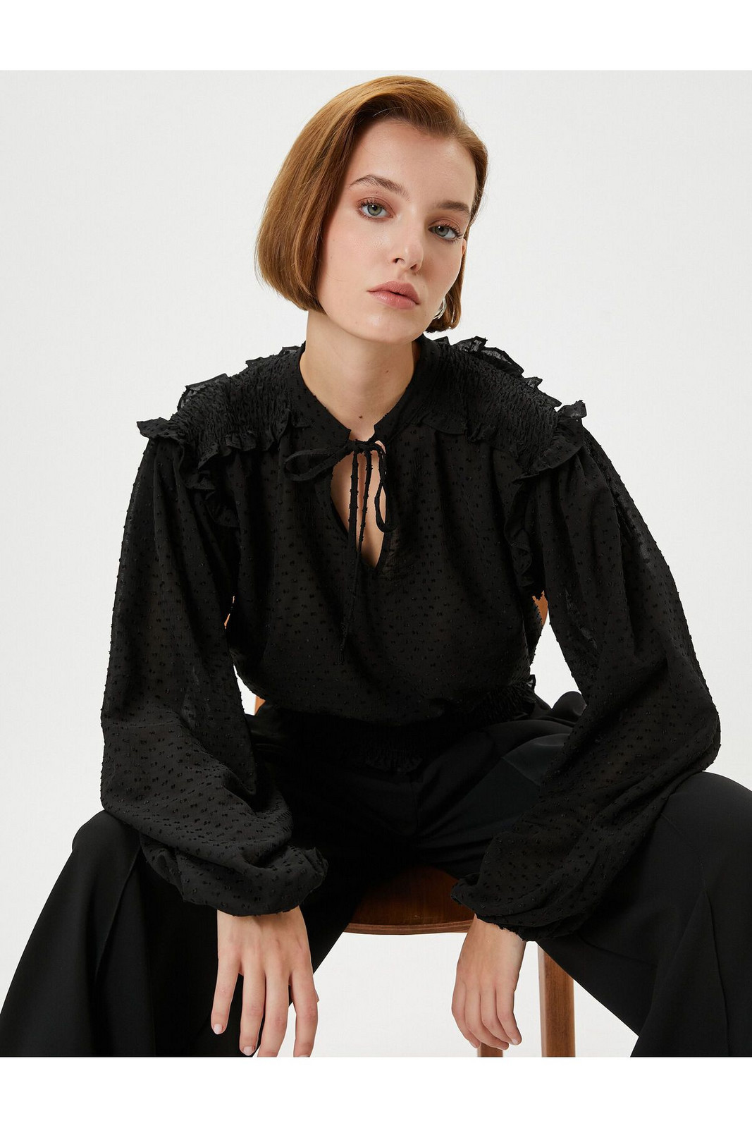 Koton Balloon Sleeve Shirt Gimped Window Detail Tied Textured