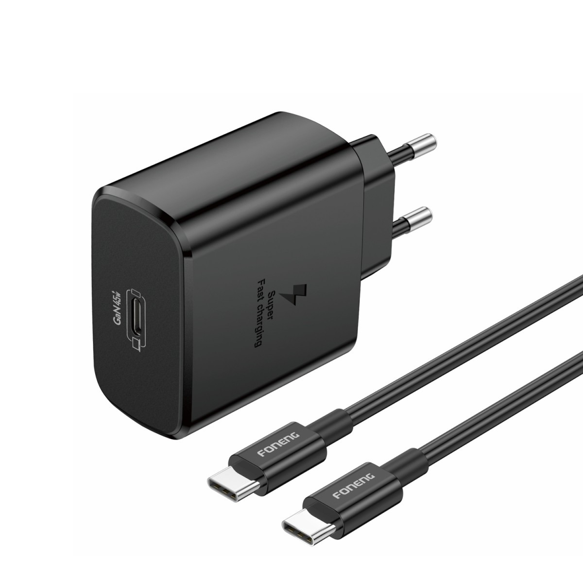 Rychlonabíječka Foneng EU62 GaN vč. USB-C datového kabelu 45W černá