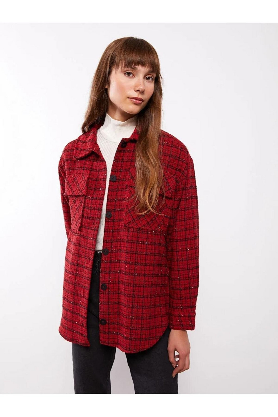 LC Waikiki Classic Front Button Closure Plaid Long Sleeve Women's Shirt Jacket