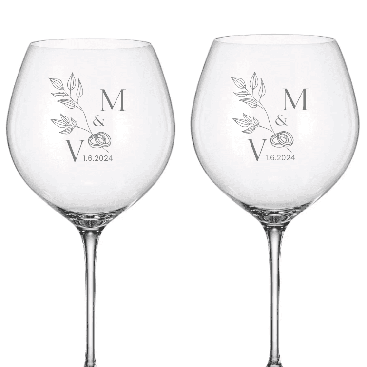 Dekorant svatby Svatební sklenice pro novomanžele na červené víno Prstýnky 750 ml 2ks