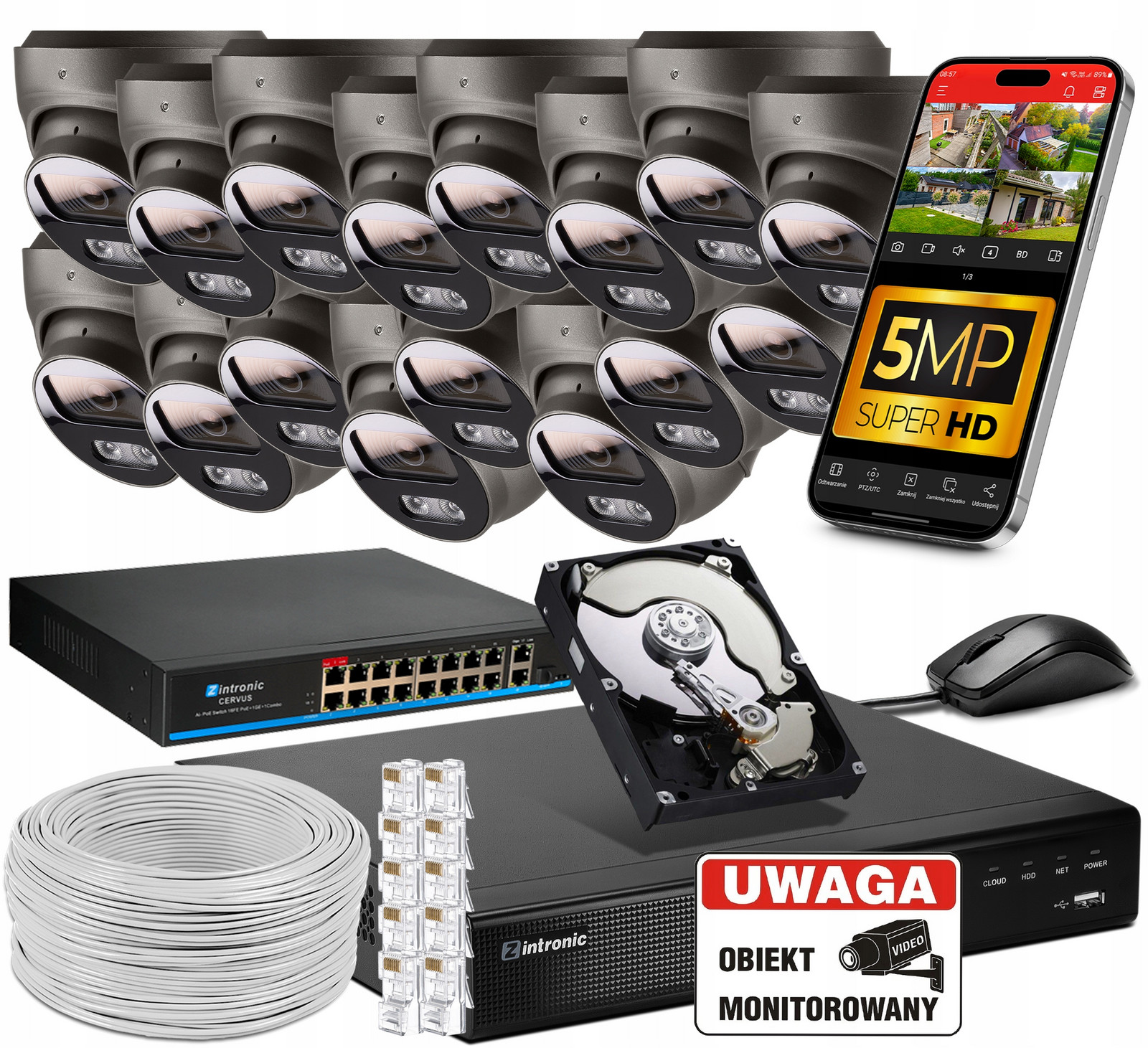 Ip PoE Monitorovací set 16 Kamer (černý) 5MPx 1TB Audio Switch