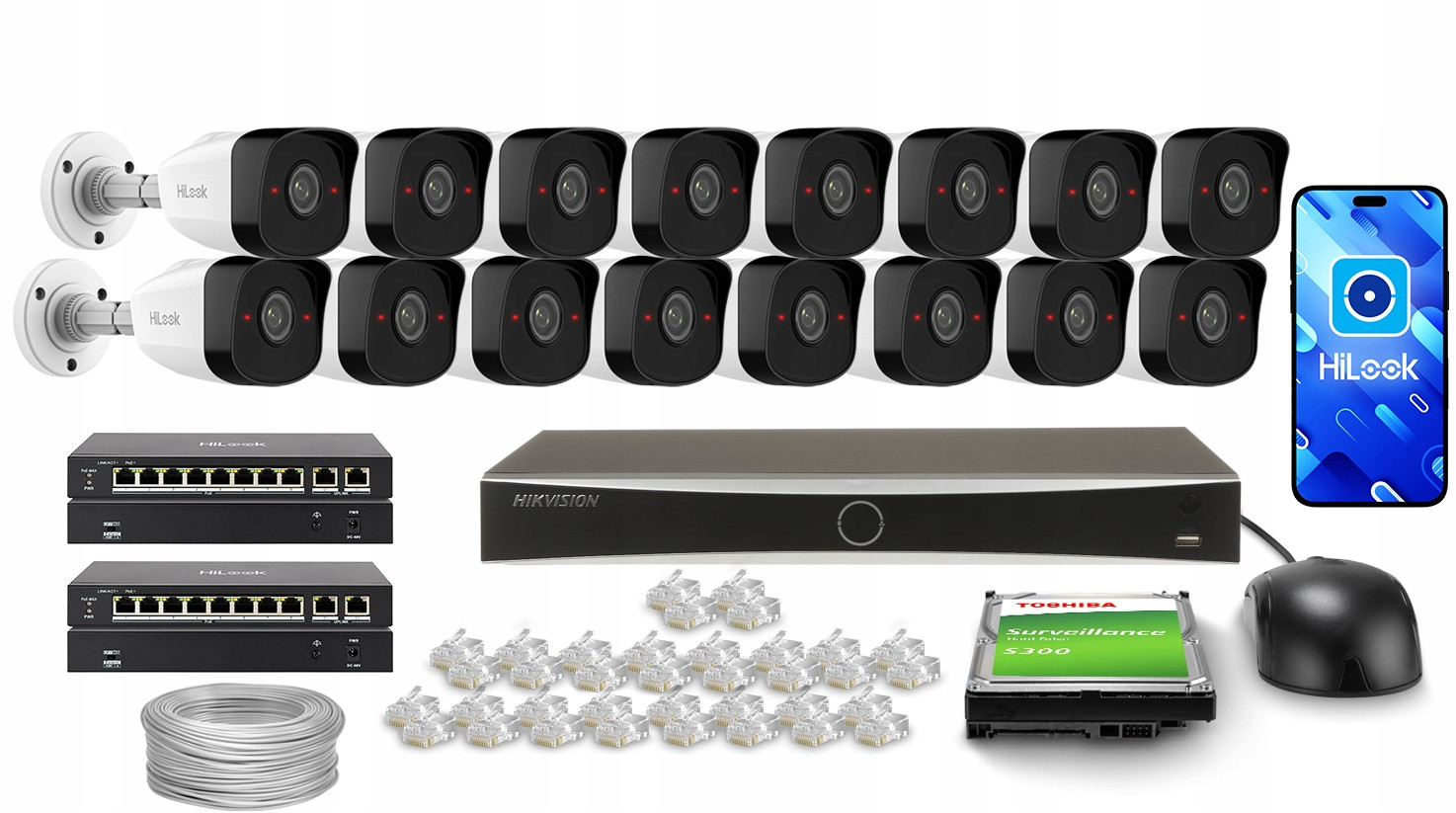 Monitorovací sada HiLook by Hikvision 16x IPCAM-B5 5MP Aplikace 2TB disk