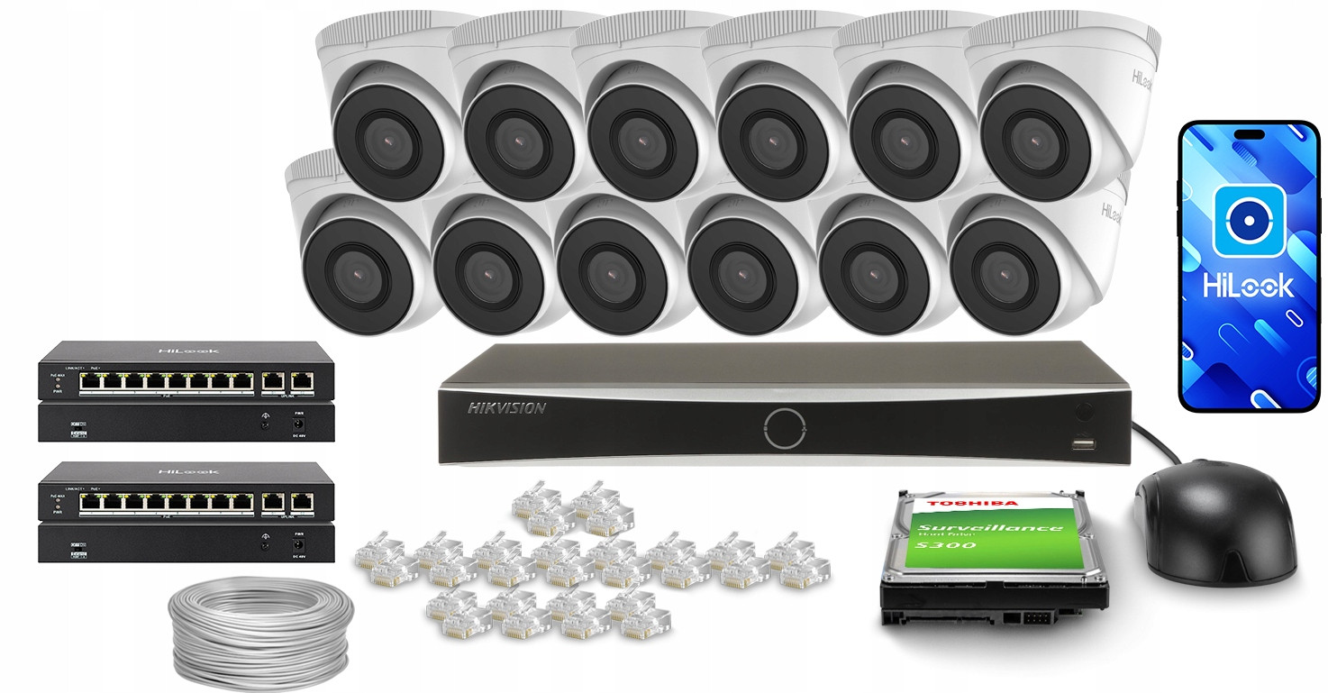 Monitorovací sada HiLook by Hikvision 12x IPCAM-T5 PoE 5Mp 1TB Disk 2TB