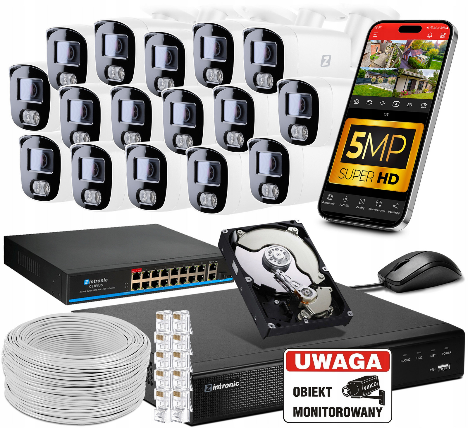 Ip monitorovací sada Poe B5 16 Kamer 5MPx Audio Aplikace +switch