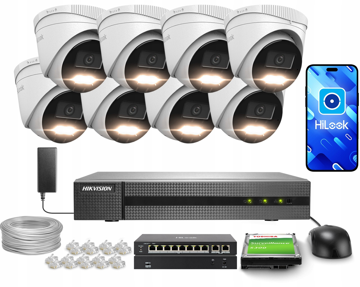 Monitorovací sada 8x IPCAM-T6-30DL Aplikace HiLook by Hikvision Disk 2TB