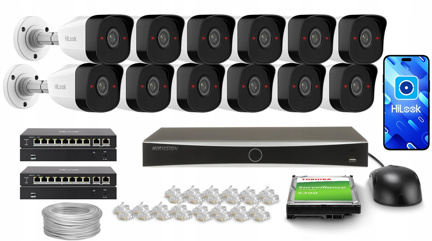 Monitorovací sada HiLook by Hikvision 12x IPCAM-B5 Aplikace 2TB disk