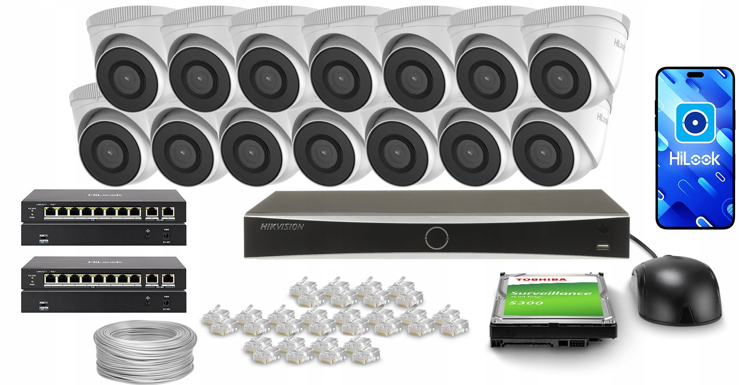 Monitorovací sada HiLook by Hikvision Aplikace 14x IPCAM-T5 2TB 5Mpx disk