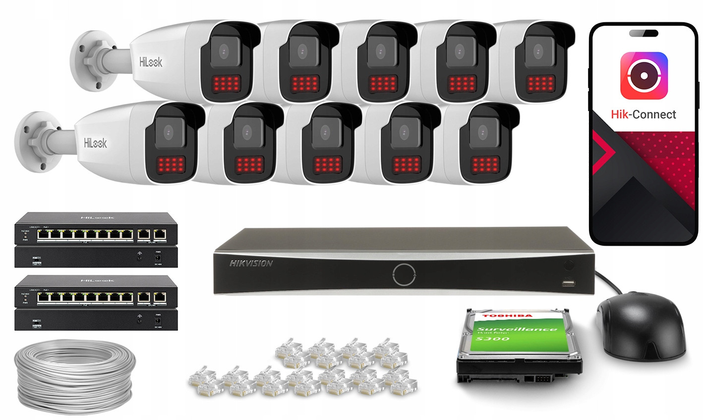 Monitorovací sada 10x IPCAM-B4-50IR Aplikace HiLook by Hikvision Disk 2TB