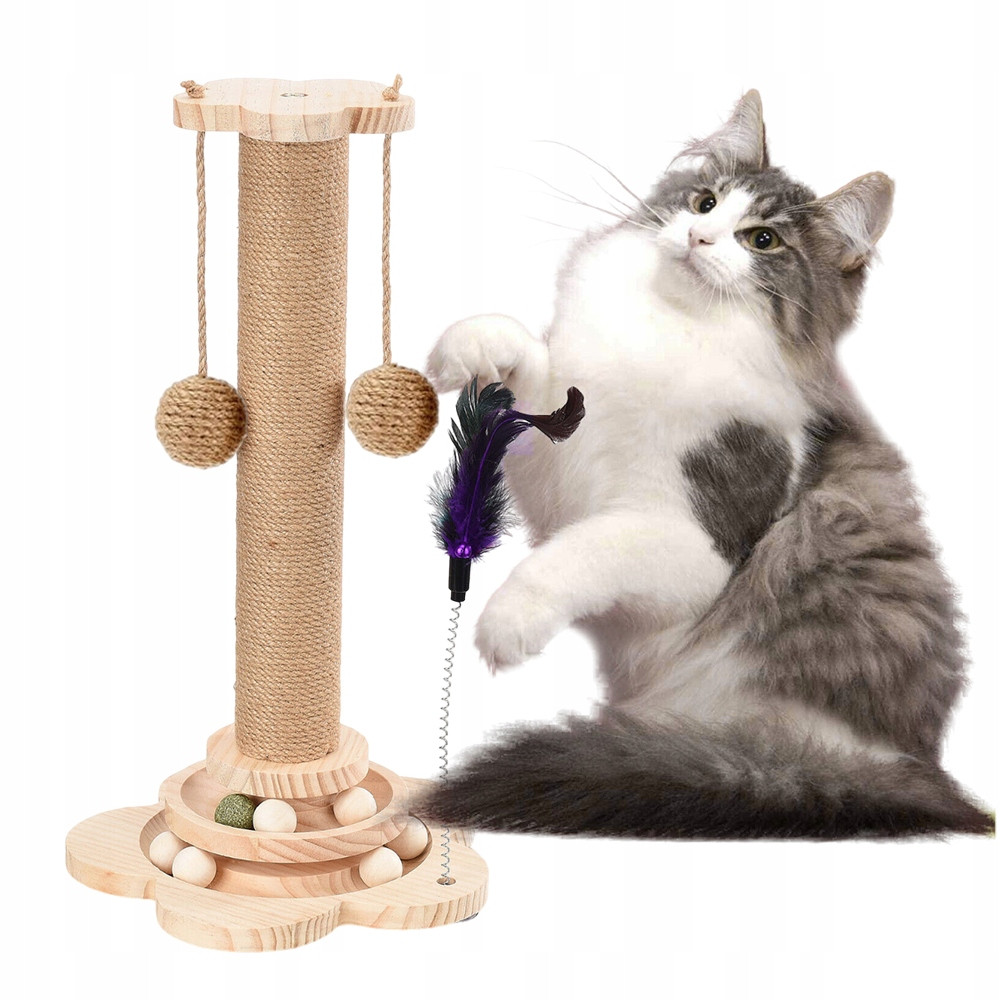 Multifunkční Škrabadlo Pro Kočky Dřevěné Hračka Sisalový Míč Sloupek 44cm