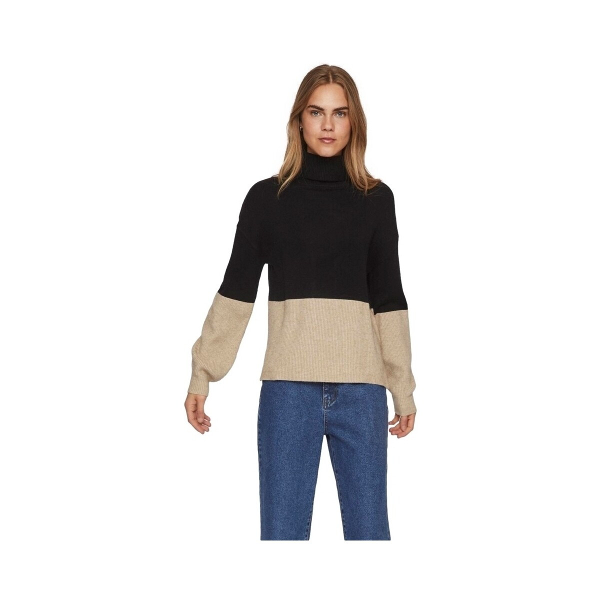 Vila  Noos Ril Blocking Knit L/S - Black/Natural Mel  Černá