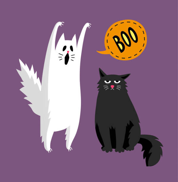 Alhontess Ilustrace Cute halloween ghost and black cat, Alhontess, 40 × 40 cm