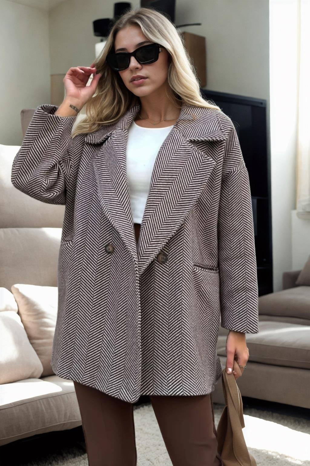 50406 Dewberry Herringbone Oversize Women Coat-BROWN