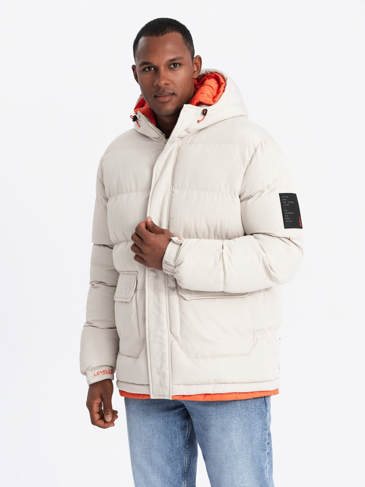 Ombre Men's sports warm jacket with double hood - ash