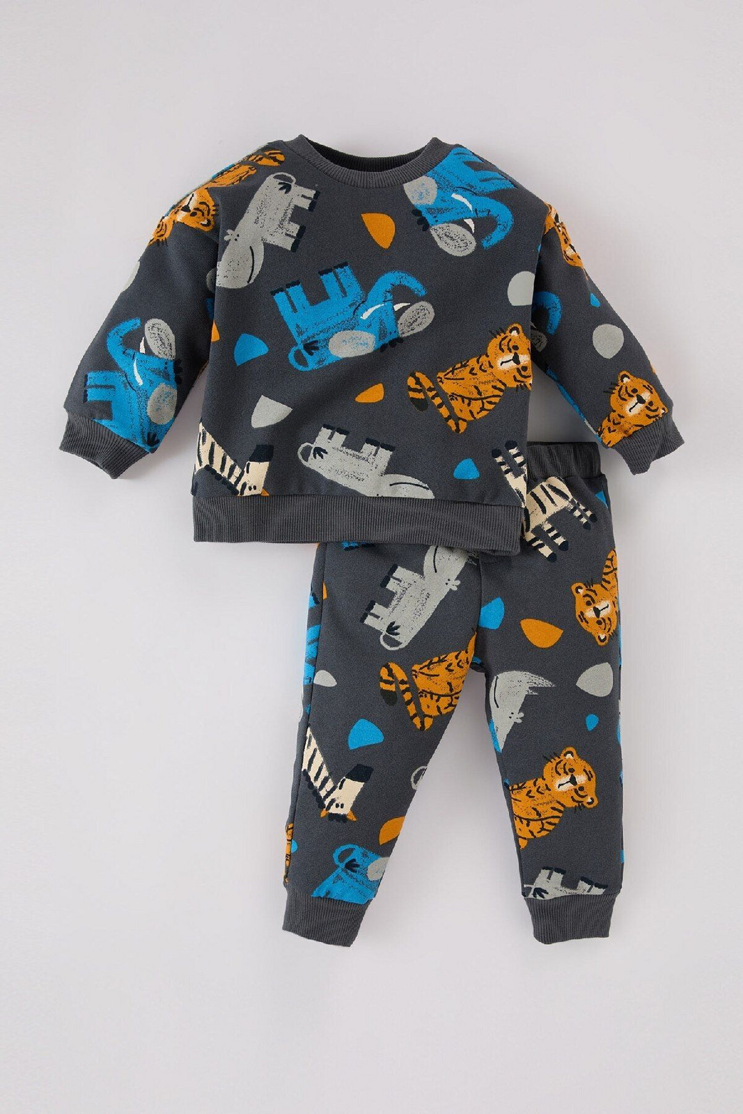 DEFACTO Baby Boy 2-Piece Set Crew Neck Animal Patterned Sweatshirt Elastic Waist Bottom