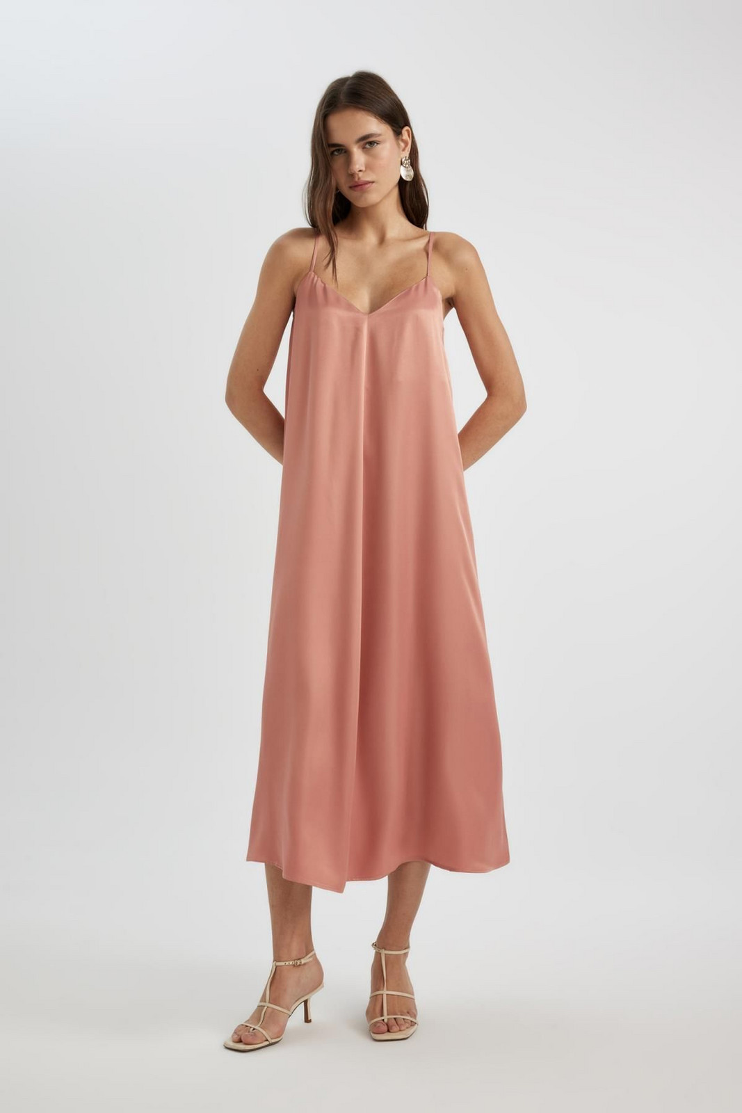 DEFACTO A-Line V-Neck Satin Adjustable Strap Midi Dress